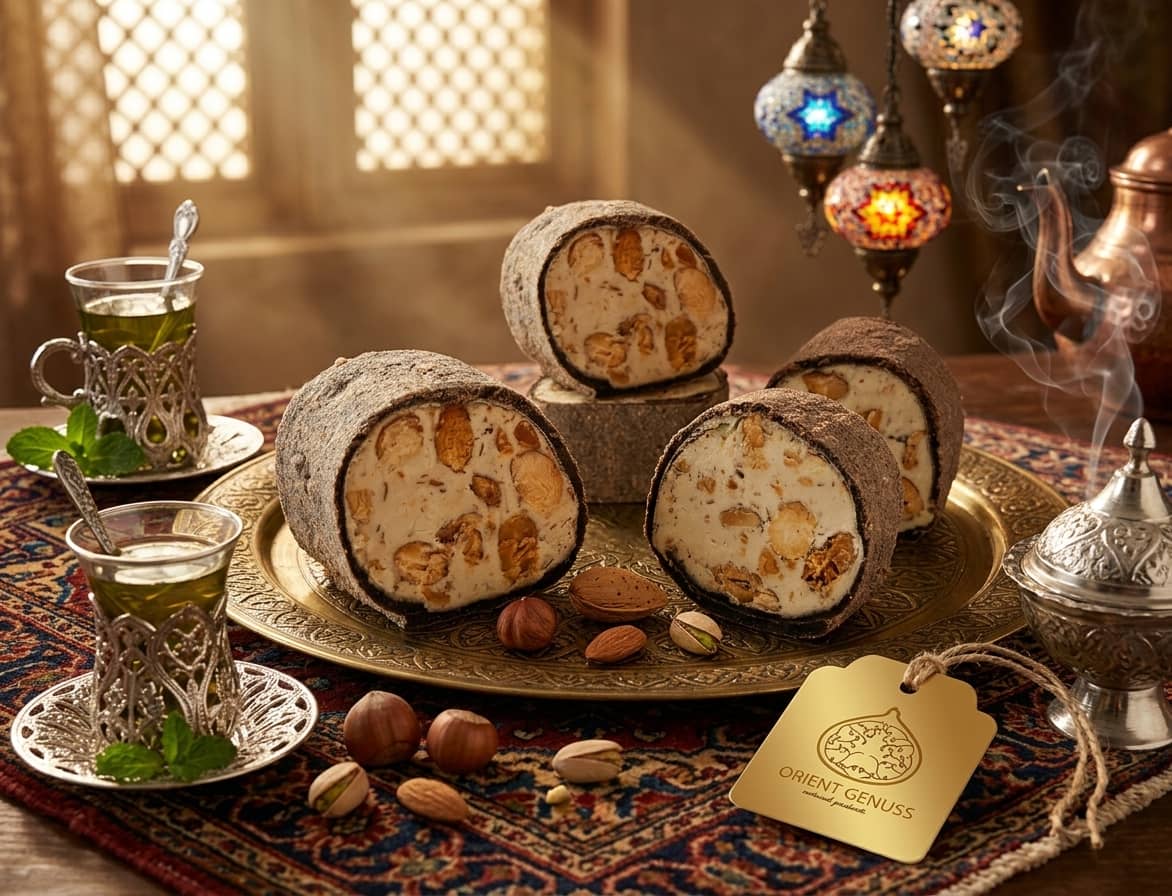 Lokum Delight Nesquik Mandeln mit ganzen Mandeln auf orientalischem Messingteller