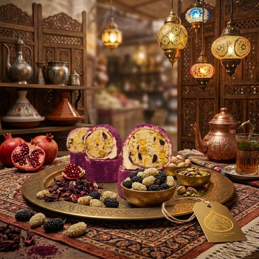 Lokum Delight Maulbeeren Star mit Pistazien und Maulbeeren auf orientalischem Messingteller