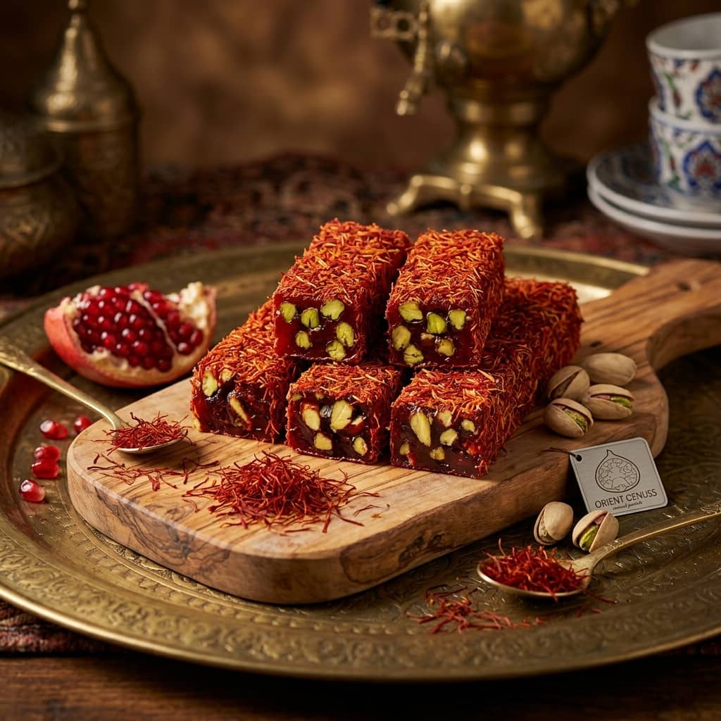 Lokum Delight mit Safran, Granatapfel und Pistazien auf orientalischem Holzbrett