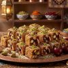 Lokum Delight Würfel mit Sesam und Pistazien auf orientalischem Messingteller