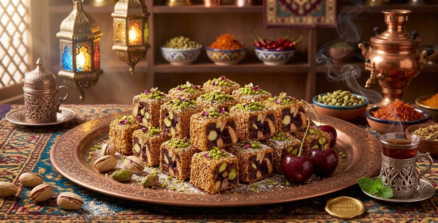 Lokum Delight Würfel mit Sesam und Pistazien auf orientalischem Messingteller